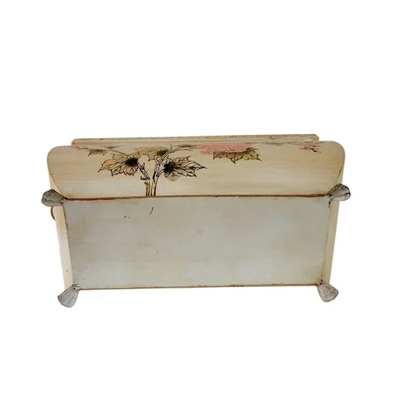 Hand-Painted Floral Metal Rectangular Planter With Gold Feet & Handles Large - Picture 4 of 5